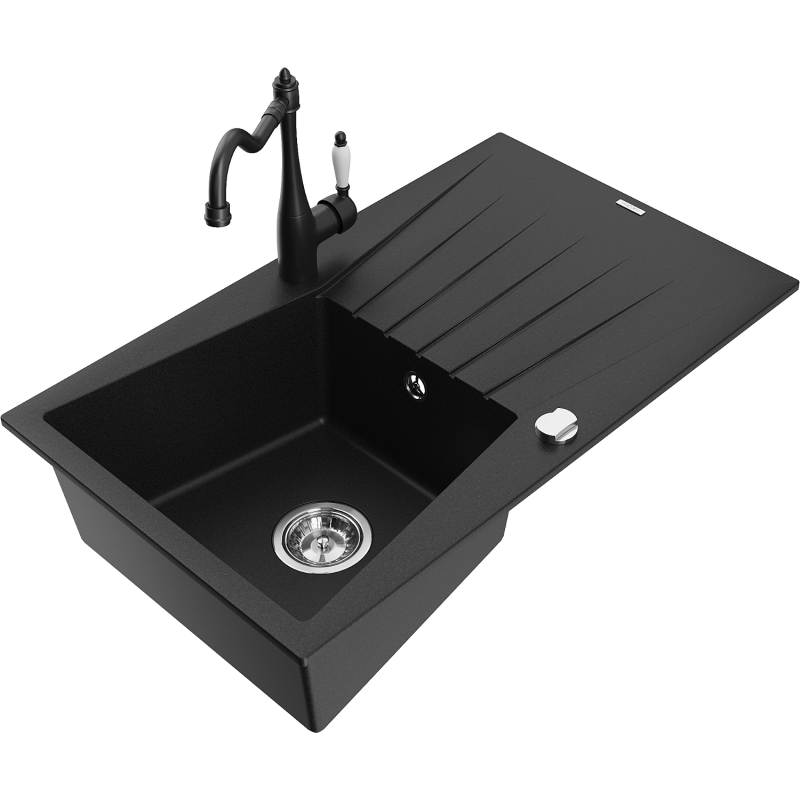 Mexen Cesar granite sink, 1-bowl with drainer and Carla kitchen tap, black - 6514-77-670700-70