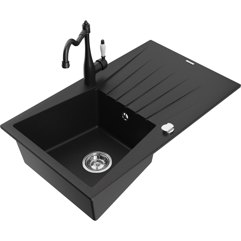 Mexen Cesar yksi-altaainen graniittinen tiskiallas valutustasolla ja keittiöhanalla Carla, musta - 6514-77-670700-70