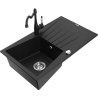 Mexen Cesar granite sink, 1-bowl with drainer and Carla kitchen tap, black - 6514-77-670700-70