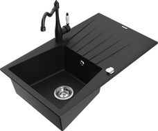 Mexen Cesar fregadero de granito de 1 tazón con escurridor y grifo de cocina Carla, negro - 6514-77-670700-70