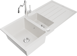 Mexen Andres granite sink 1.5-bowl with drainer and Carla kitchen tap, white - 6515-20-670700-00