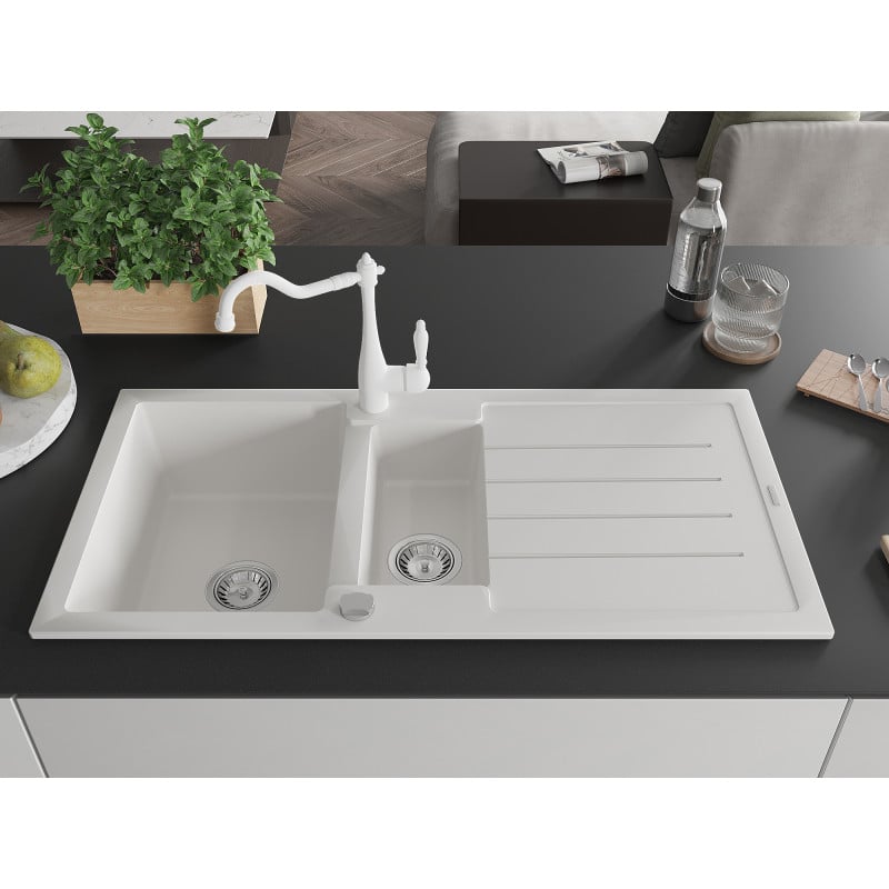 Mexen Andres lava-louça de granito com 1,5 cubas, escorredor e torneira de cozinha Carla, branco - 6515-20-670700-20