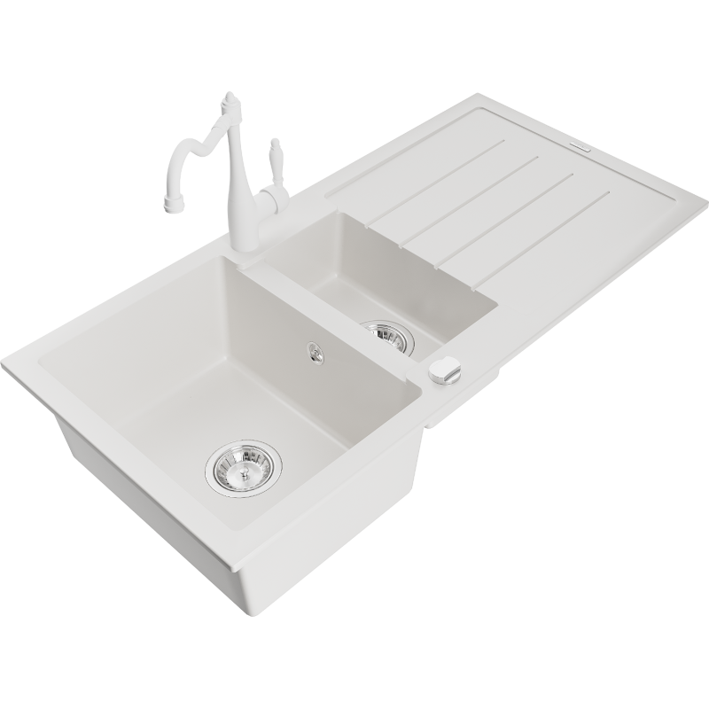 Mexen Andres 1.5-bowl granite sink with drainer and Carla kitchen tap, white - 6515-20-670700-20