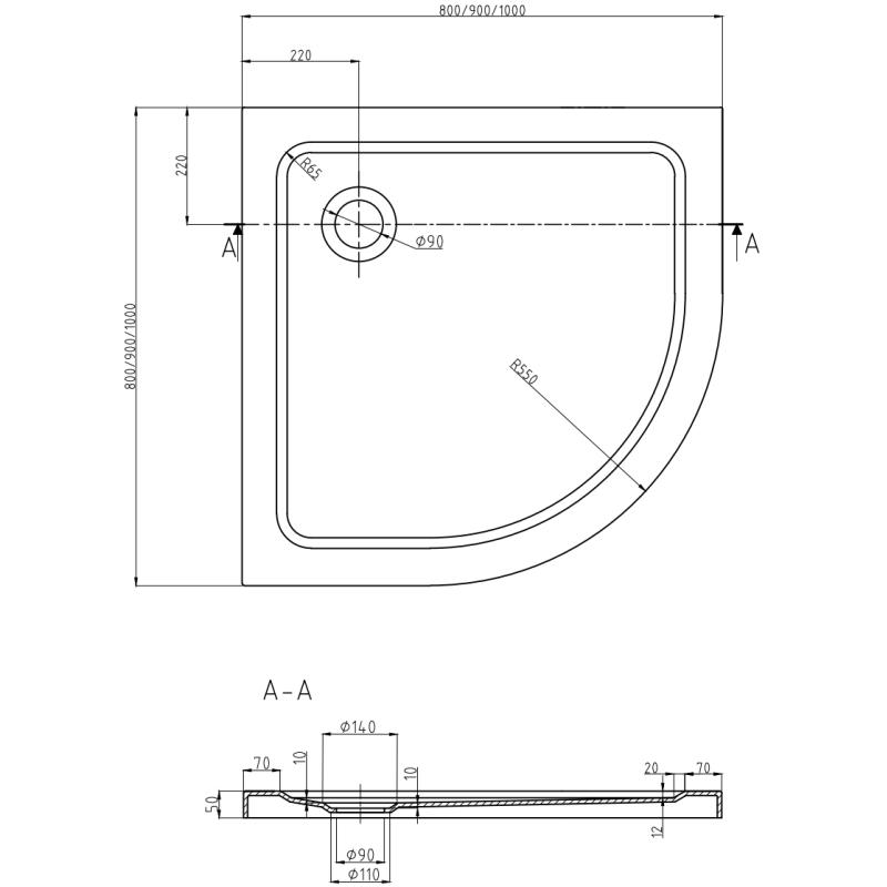 Mexen Flat base de duche semicircular slim 80 x 80 cm, branco, sifão cromado - 41108080