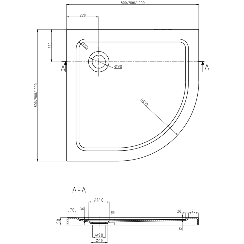 Mexen Flat piatto doccia semicircolare slim 100 x 100 cm, nero, sifone nero - 41701010B