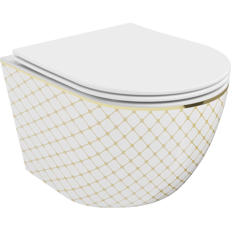 Mexen Lena cuvette WC sans bride avec abattant slim, duroplast, blanc/or motif carreaux - 30224009