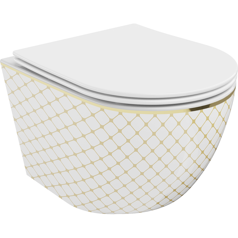 Mexen Lena Rimless WC bowl with slow-closing slim seat, duroplast, white/gold check pattern - 30224009