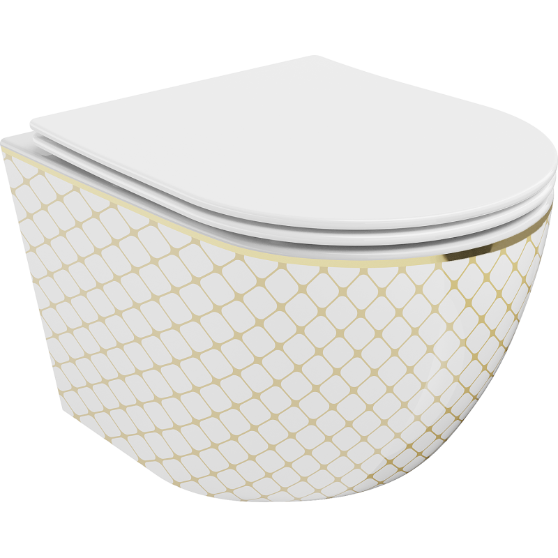 Mexen Lena WC-Schüssel Rimless mit Slim-Absenkautomatik-Sitz, Duroplast, weiß/goldenes Karomuster - 30224009