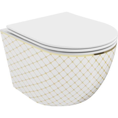 Mexen Lena wc-pot Rimless met slanke, soft-close duroplast zitting, wit/gouden rasterpatroon - 30224009