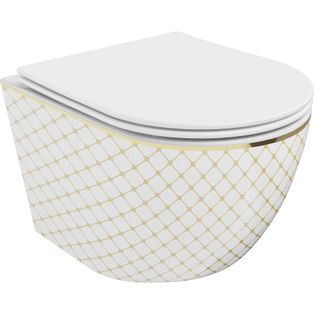 Mexen Lena WC-skål Rimless med soft-close slim säte, duroplast, vit/guld rutmönster - 30224009
