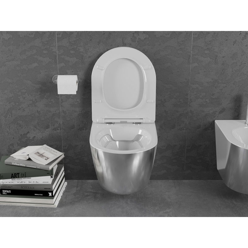 Mexen Lena rimless WC bowl with slow-close slim seat, duroplast, white/silver - 30224004