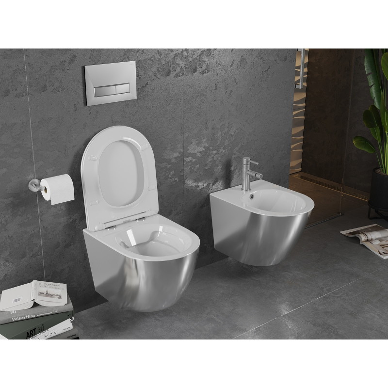 Mexen Lena Inodoro sin borde con asiento slim de cierre suave, duroplast, blanco/plata - 30224004