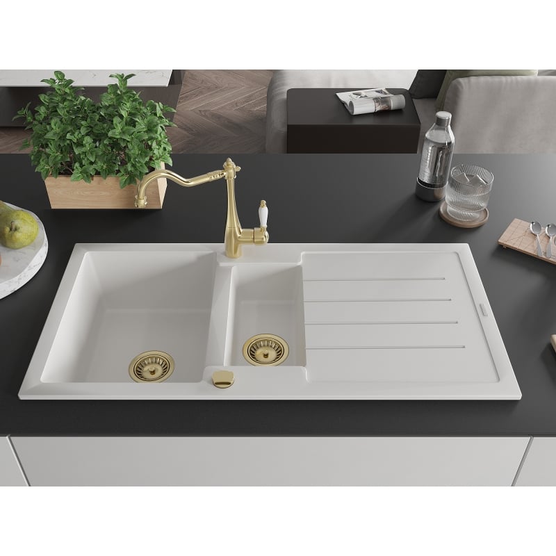 Mexen Andres granite sink 1.5-bowl with drainer and kitchen faucet Carla, white - 6515-20-670700-50