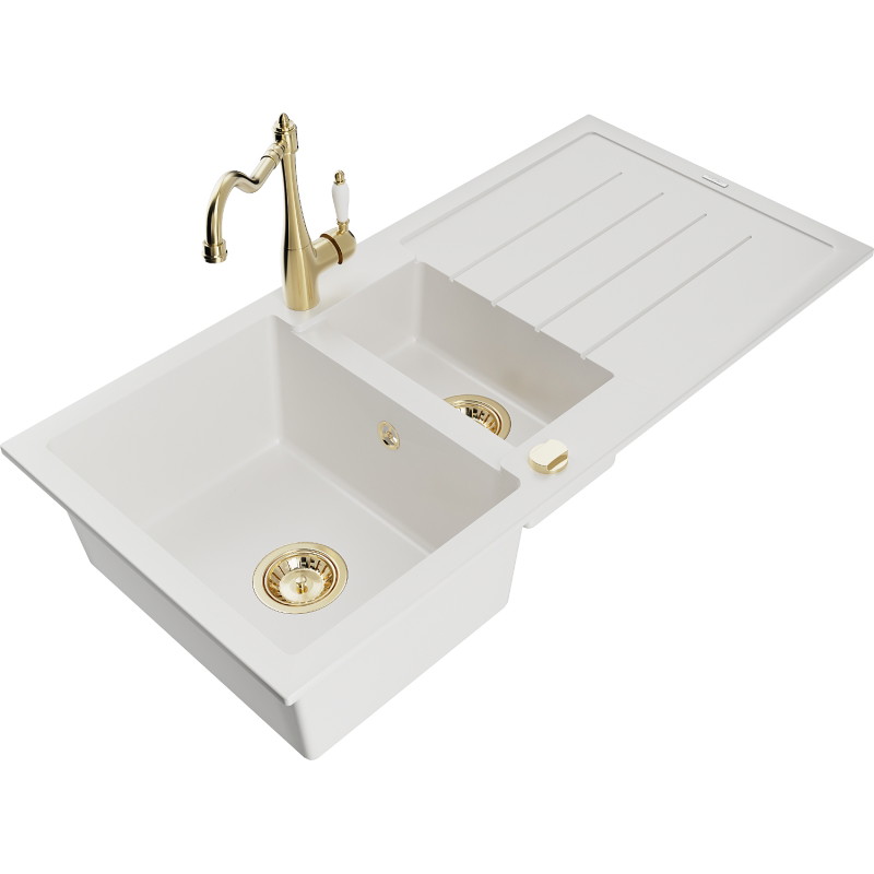 Mexen Andres fregadero de granito de 1,5 cubetas con escurridor y grifo de cocina Carla, blanco - 6515-20-670700-50