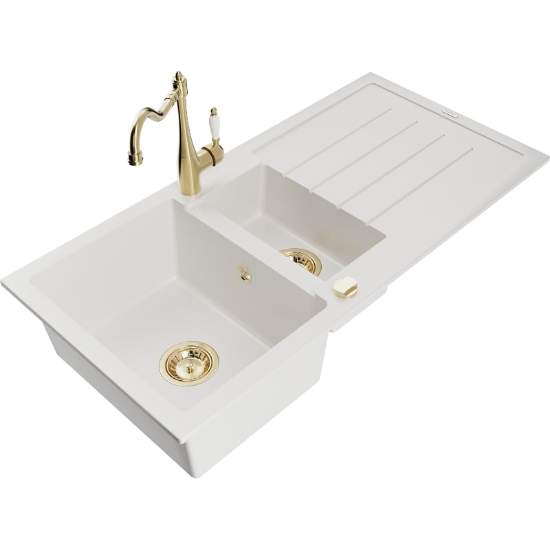 Mexen Andres granite sink 1.5-bowl with drainer and kitchen faucet Carla, white - 6515-20-670700-50