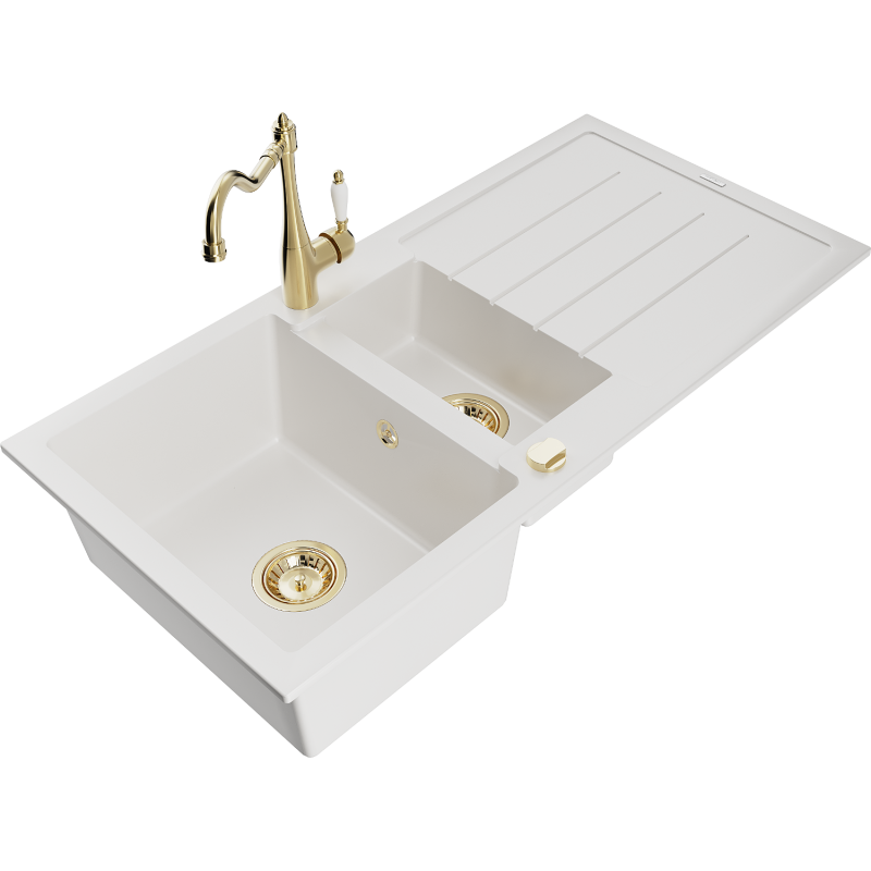 Mexen Andres lava-loiça de granito com 1,5 cubas, escorredor e torneira de cozinha Carla, branco - 6515-20-670700-50