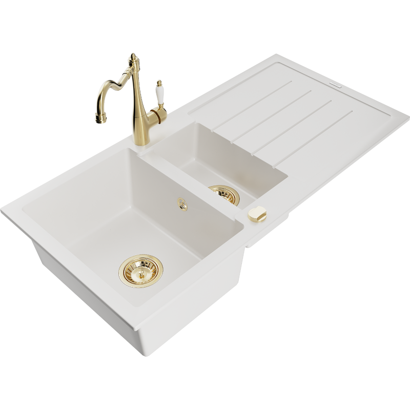 Mexen Andres smilšu akmens izlietne, 1,5 nodalījumi ar noteces paneli un virtuves krānu Carla, baltā krāsā - 6515-20-670700-50