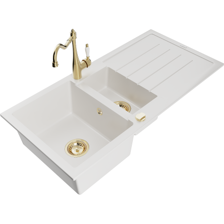 Mexen Andres granite sink 1.5-bowl with drainer and Carla kitchen tap, white - 6515-20-670700-50