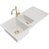 Mexen Andres granite sink 1.5-bowl with drainer and Carla kitchen tap, white - 6515-20-670700-50
