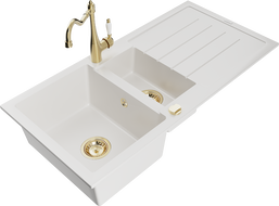 Mexen Andres granite sink 1.5-bowl with drainer and Carla kitchen tap, white - 6515-20-670700-50