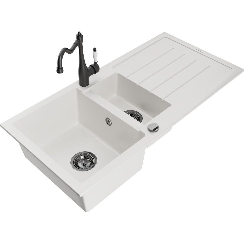 Mexen Andres fregadero de granito de 1,5 senos con escurridor y grifo de cocina Carla, blanco - 6515-20-670700-70