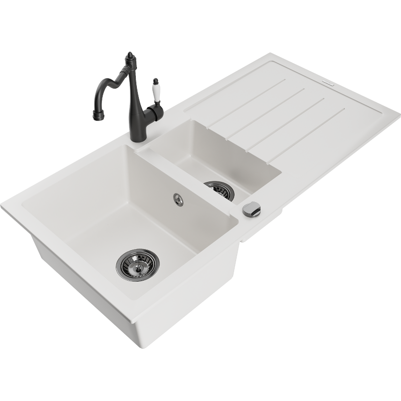 Mexen Andres granite sink 1.5-bowl with drainer and Carla kitchen tap, white - 6515-20-670700-70