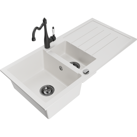 Mexen Andres granite sink 1.5-bowl with drainer and Carla kitchen tap, white - 6515-20-670700-70