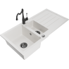 Mexen Andres granite sink 1.5-bowl with drainer and Carla kitchen tap, white - 6515-20-670700-70