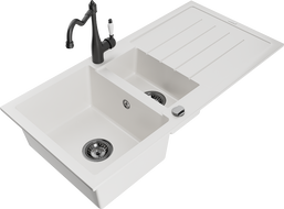 Mexen Andres granite sink 1.5-bowl with drainer and Carla kitchen tap, white - 6515-20-670700-70