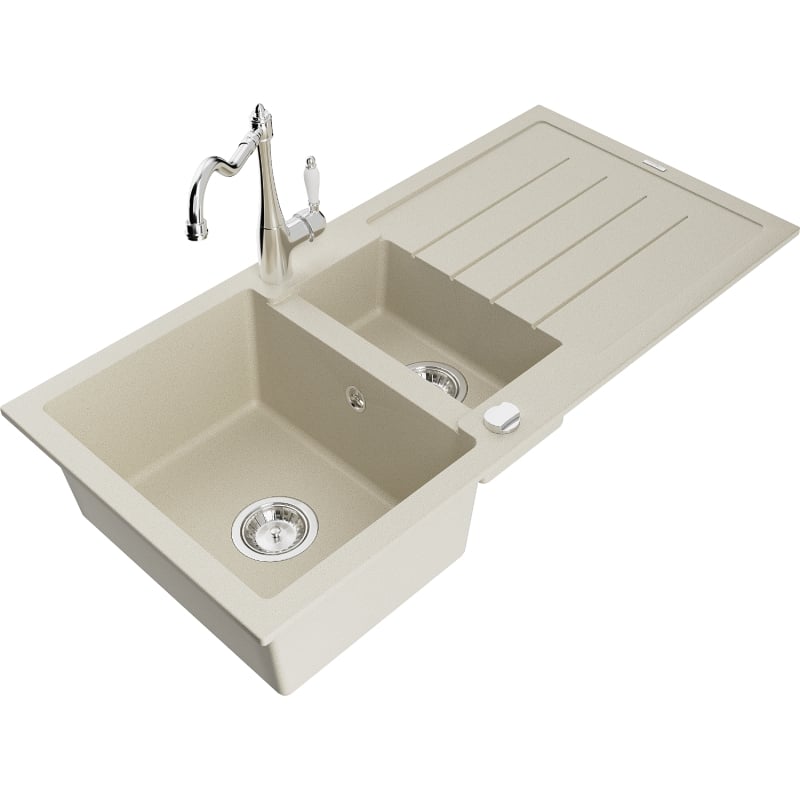 Mexen Andres 1.5-bowl granite sink with drainer and Carla kitchen faucet, beige - 6515-69-670700-00