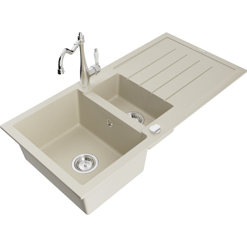 Mexen Andres fregadero de granito de 1,5 senos con escurridor y grifo de cocina Carla, beige - 6515-69-670700-00