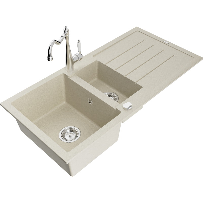 Mexen Andres Granitspüle 1,5-Schalen mit Abtropffläche und Küchenarmatur Carla, beige - 6515-69-670700-00
