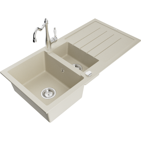 Mexen Andres 1.5-bowl granite sink with drainer and Carla kitchen faucet, beige - 6515-69-670700-00