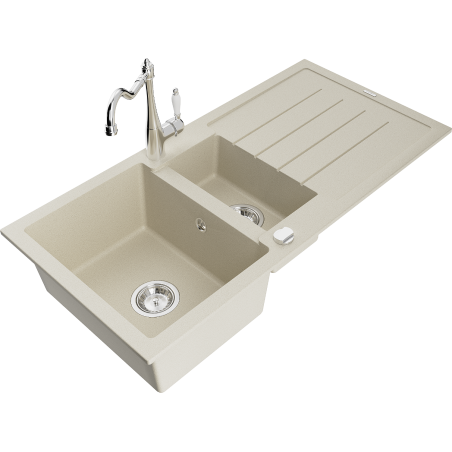 Mexen Andres fregadero de granito de 1,5 senos con escurridor y grifo de cocina Carla, beige - 6515-69-670700-00