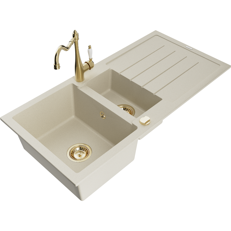 Mexen Andres Granitküchenspüle 1,5-Kammer mit Abtropffläche und Küchenarmatur Carla, beige - 6515-69-670700-50