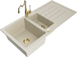 Mexen Andres Granitküchenspüle 1,5-Kammer mit Abtropffläche und Küchenarmatur Carla, beige - 6515-69-670700-50