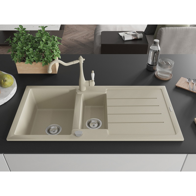 Mexen Andres fregadero de granito de 1,5 tazones con escurridor y grifo de cocina Carla, beige - 6515-69-670700-69