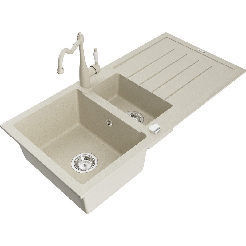 Mexen Andres fregadero de granito de 1,5 tazones con escurridor y grifo de cocina Carla, beige - 6515-69-670700-69
