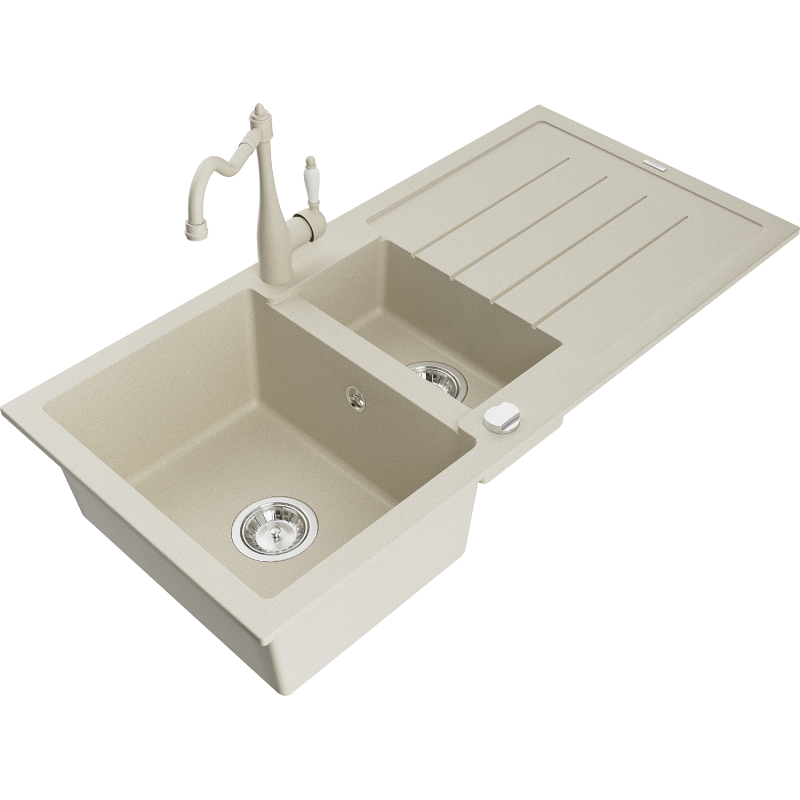 Mexen Andres Granitspüle 1,5-Becken mit Abtropffläche und Küchenarmatur Carla, beige - 6515-69-670700-69
