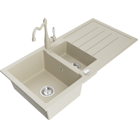 Mexen Andres Granitspüle 1,5-Becken mit Abtropffläche und Küchenarmatur Carla, beige - 6515-69-670700-69