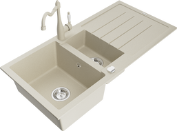Mexen Andres lavello in granito 1,5 vasche con scolapiatti e rubinetto da cucina Carla, beige - 6515-69-670700-69