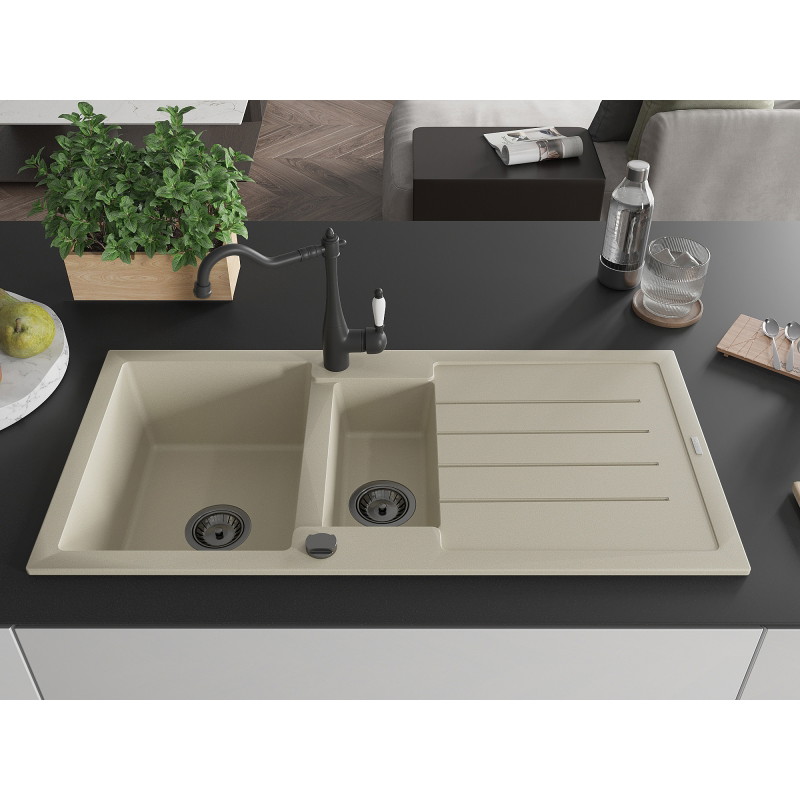 Mexen Andres fregadero de granito de 1,5 senos con escurridor y grifo de cocina Carla, beige - 6515-69-670700-70