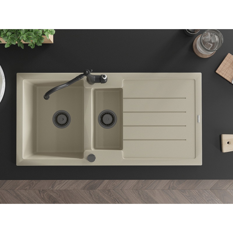 Mexen Andres évier en granit 1,5 cuves avec égouttoir et robinet de cuisine Carla, beige - 6515-69-670700-70