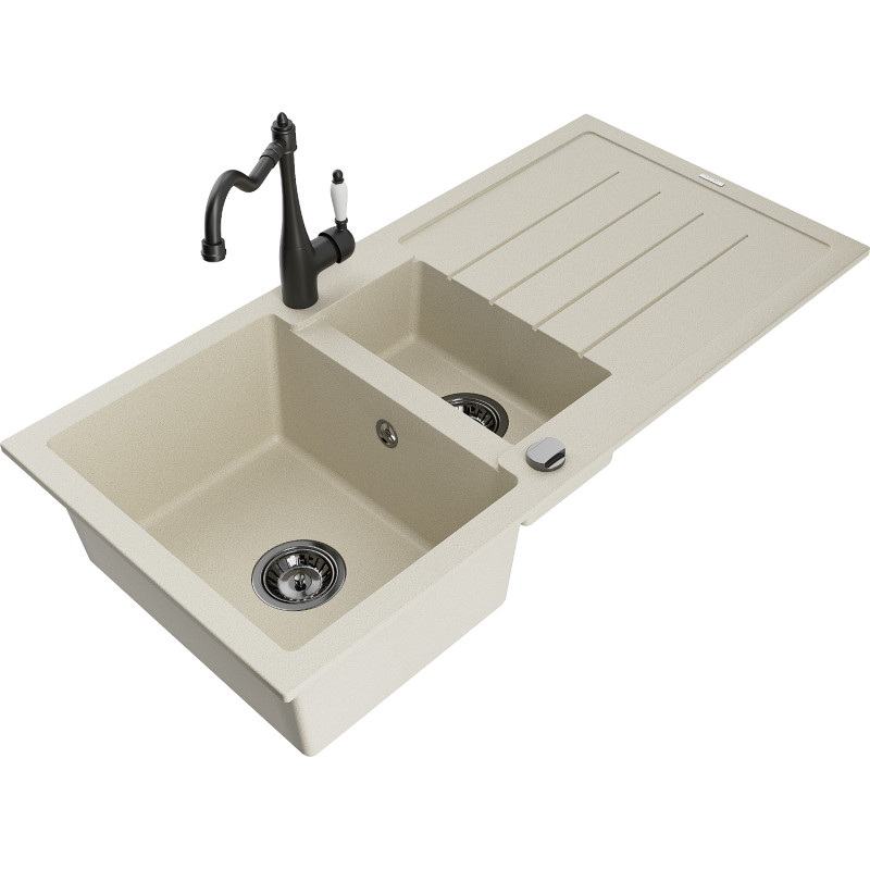 Mexen Andres fregadero de granito de 1,5 tazones con escurridor y grifo de cocina Carla, beige - 6515-69-670700-70