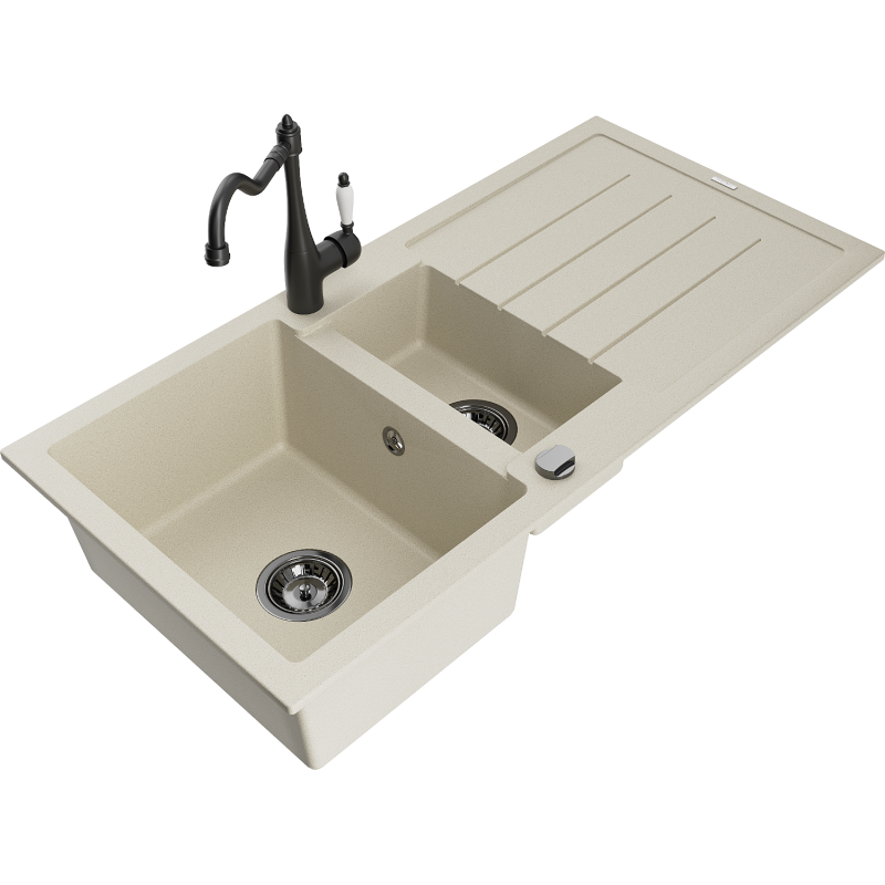 Mexen Andres Granitspüle 1,5-Kammern mit Abtropffläche und Küchenarmatur Carla, beige - 6515-69-670700-70