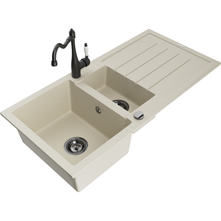Mexen Andres évier en granit 1,5 bac avec égouttoir et mitigeur cuisine Carla, beige - 6515-69-670700-70