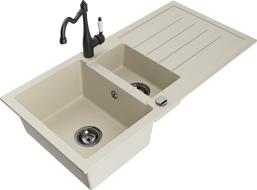 Mexen Andres granite sink 1.5-bowl with drainer and kitchen faucet Carla, beige - 6515-69-670700-70