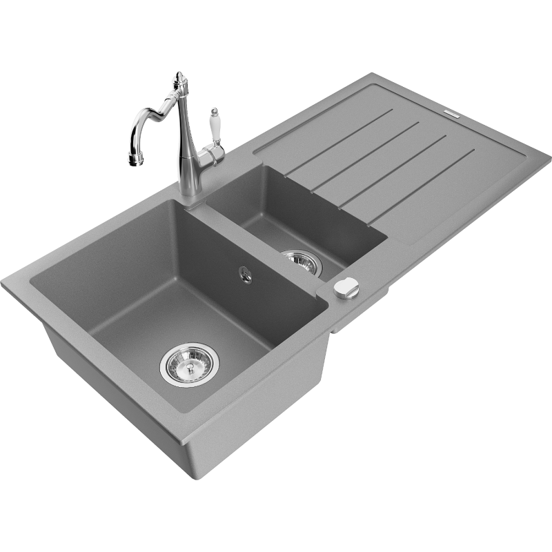 Mexen Andres 1.5-bowl granite sink with drainer and Carla kitchen tap, grey - 6515-71-670700-00