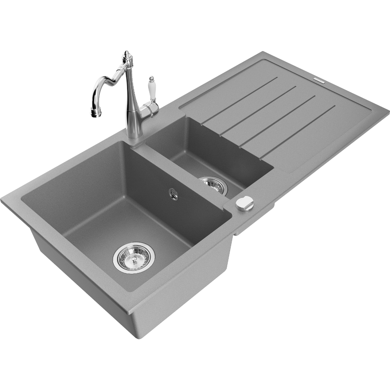 Mexen Andres lava-loiça de granito 1,5-cuba com escorredor e torneira de cozinha Carla, cinza - 6515-71-670700-00
