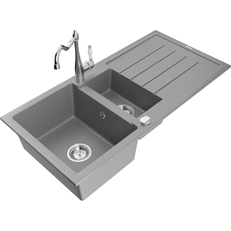 Mexen Andres granieten gootsteen 1,5-kompartiment met afdruiprek en keukenkraan Carla, grijs - 6515-71-670700-00